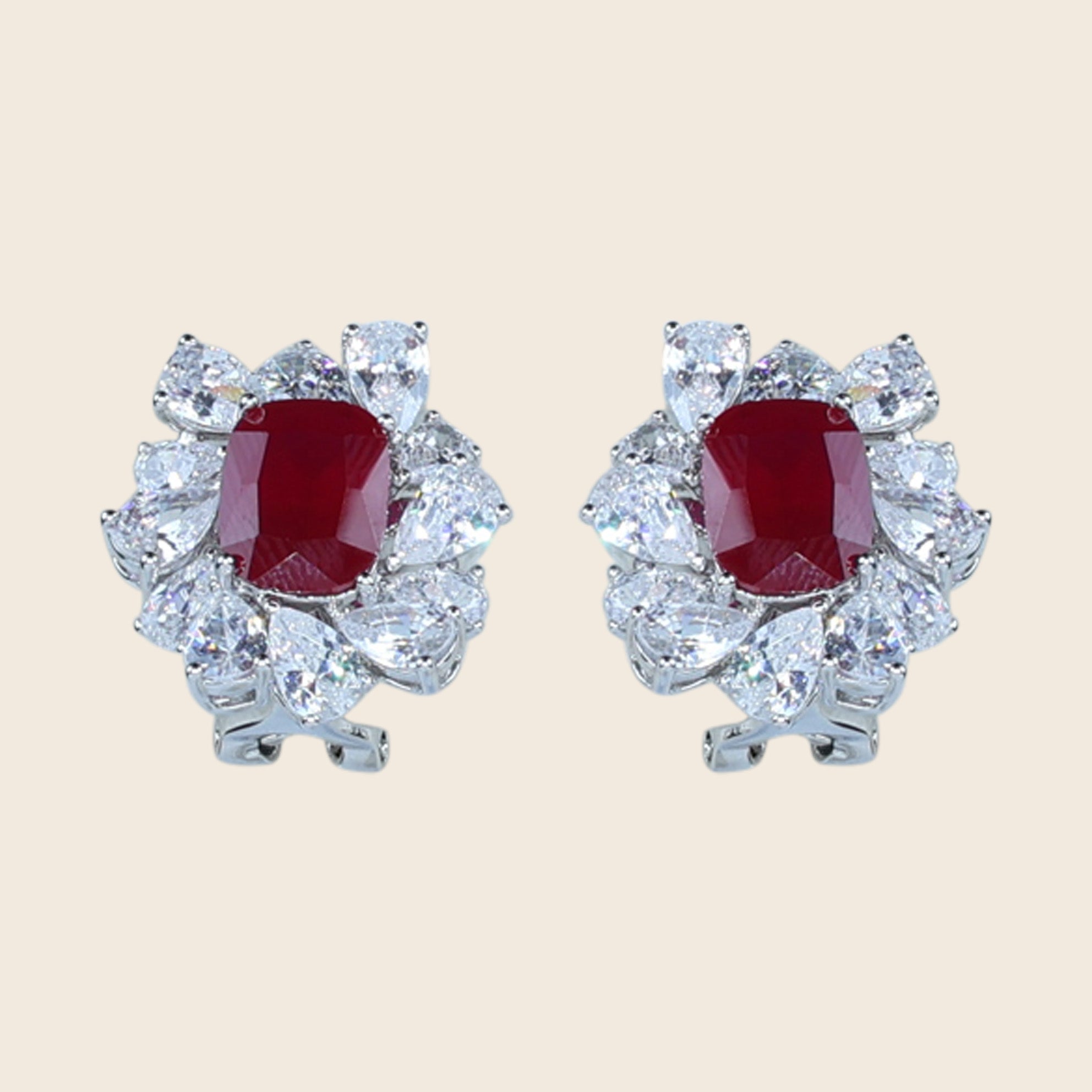 Aanura Red Gemstone Floral Halo Stud Earrings