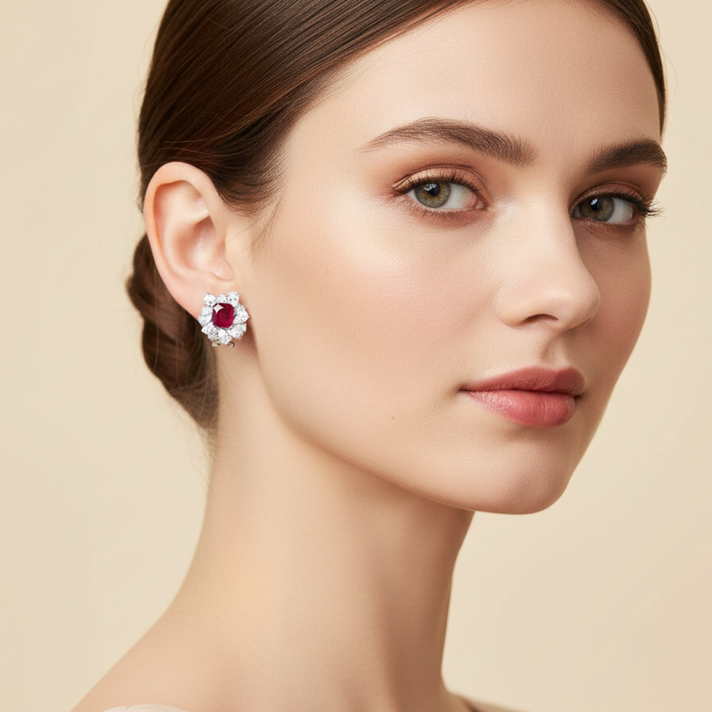 Aanura Red Gemstone Floral Halo Stud Earrings
