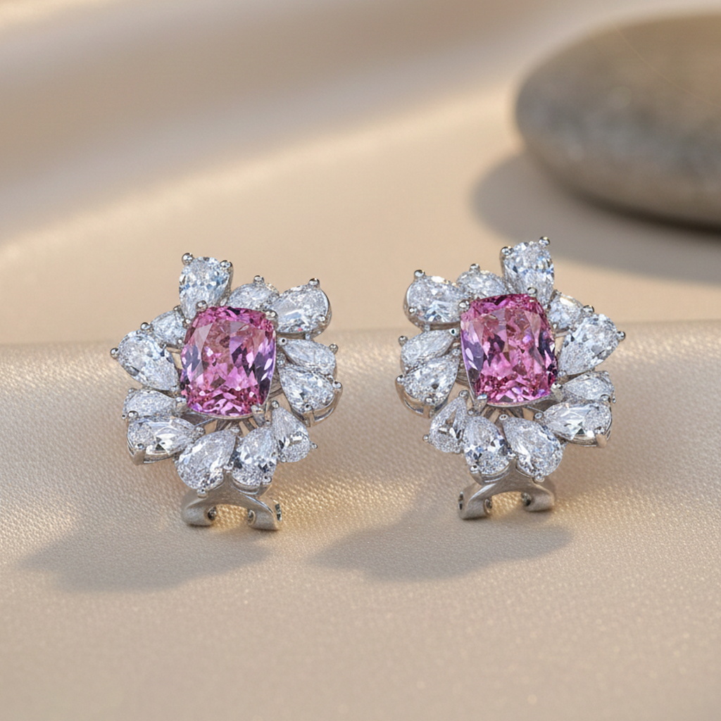 Aanura Red Gemstone Floral Halo Stud Earrings