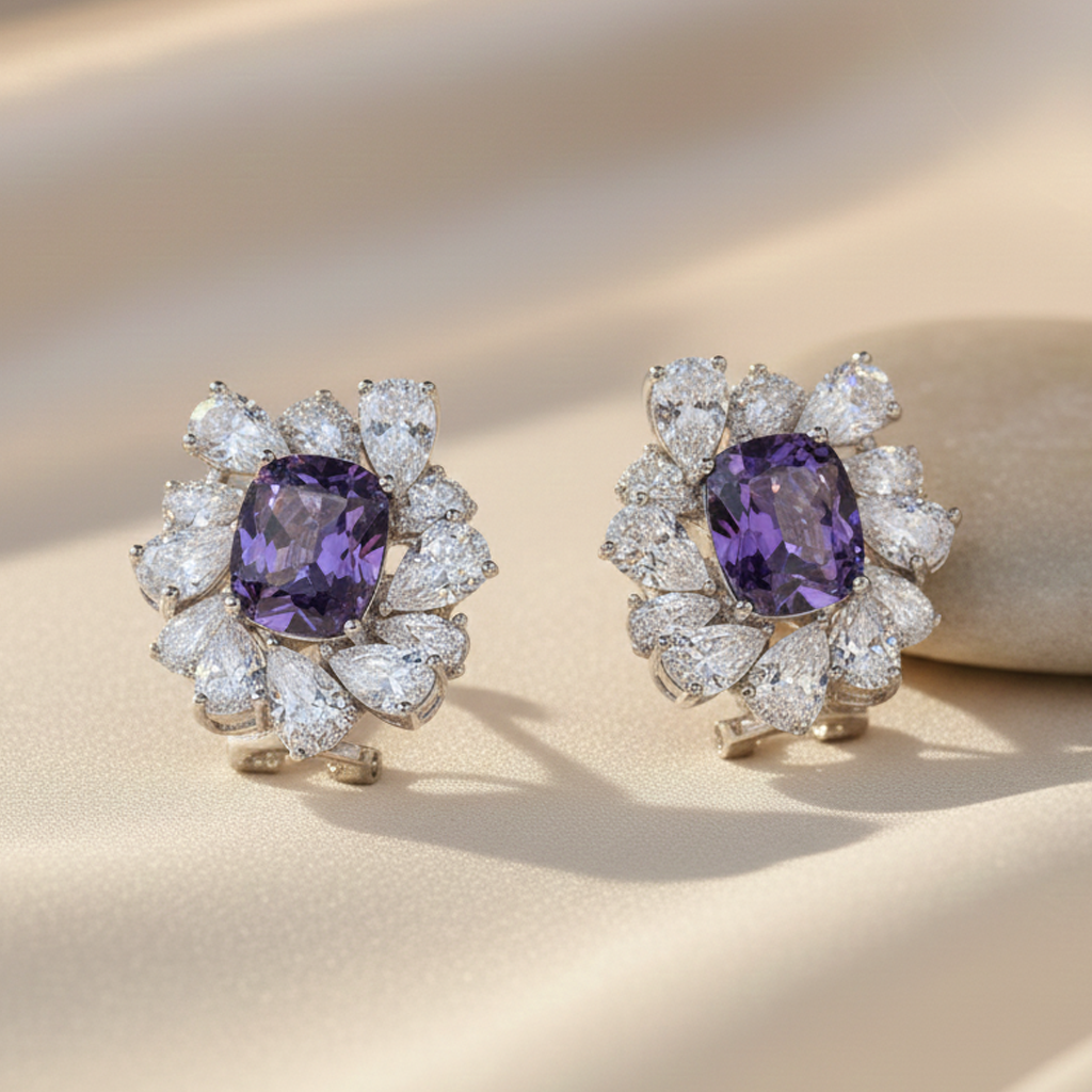 Aanura Red Gemstone Floral Halo Stud Earrings