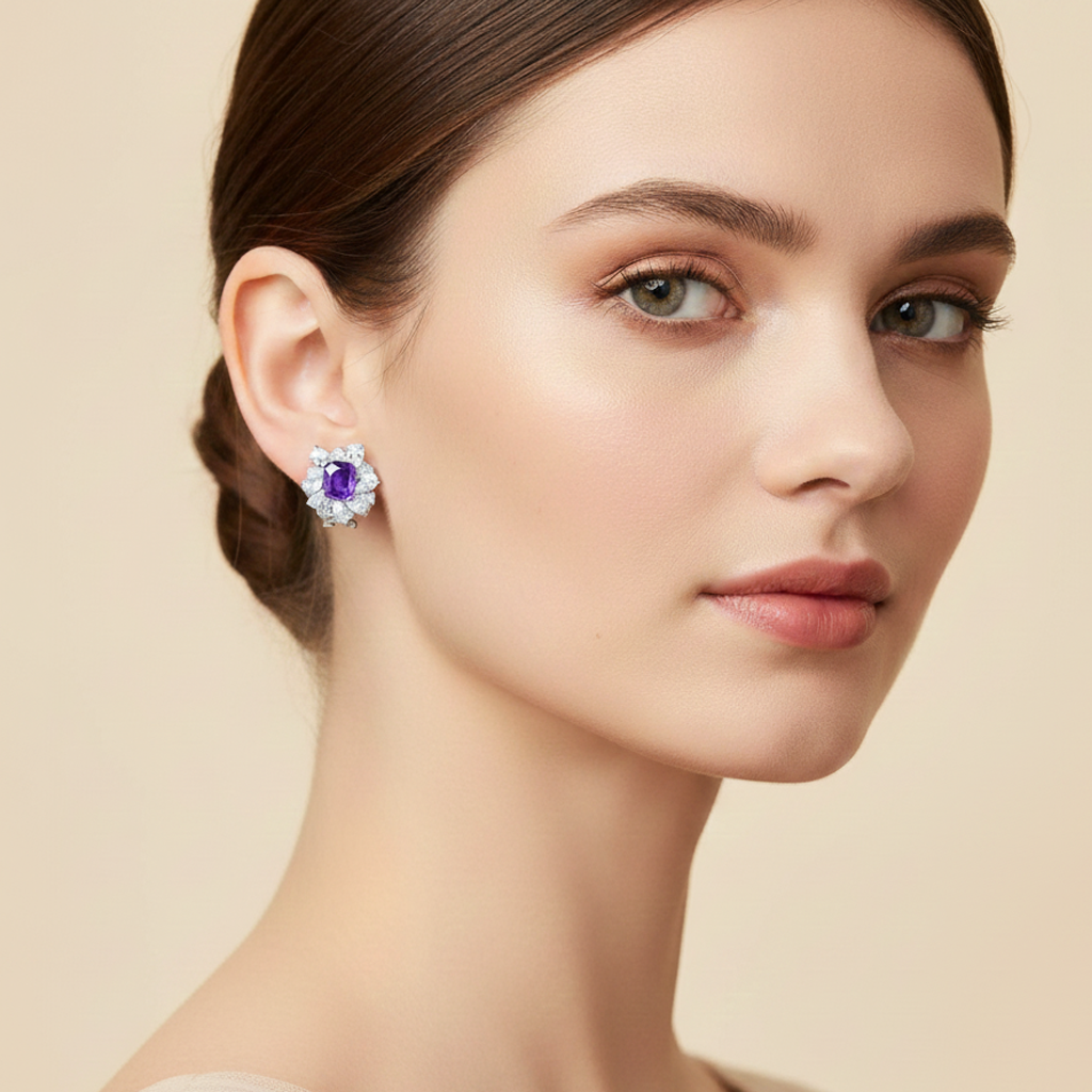 Aanura Red Gemstone Floral Halo Stud Earrings