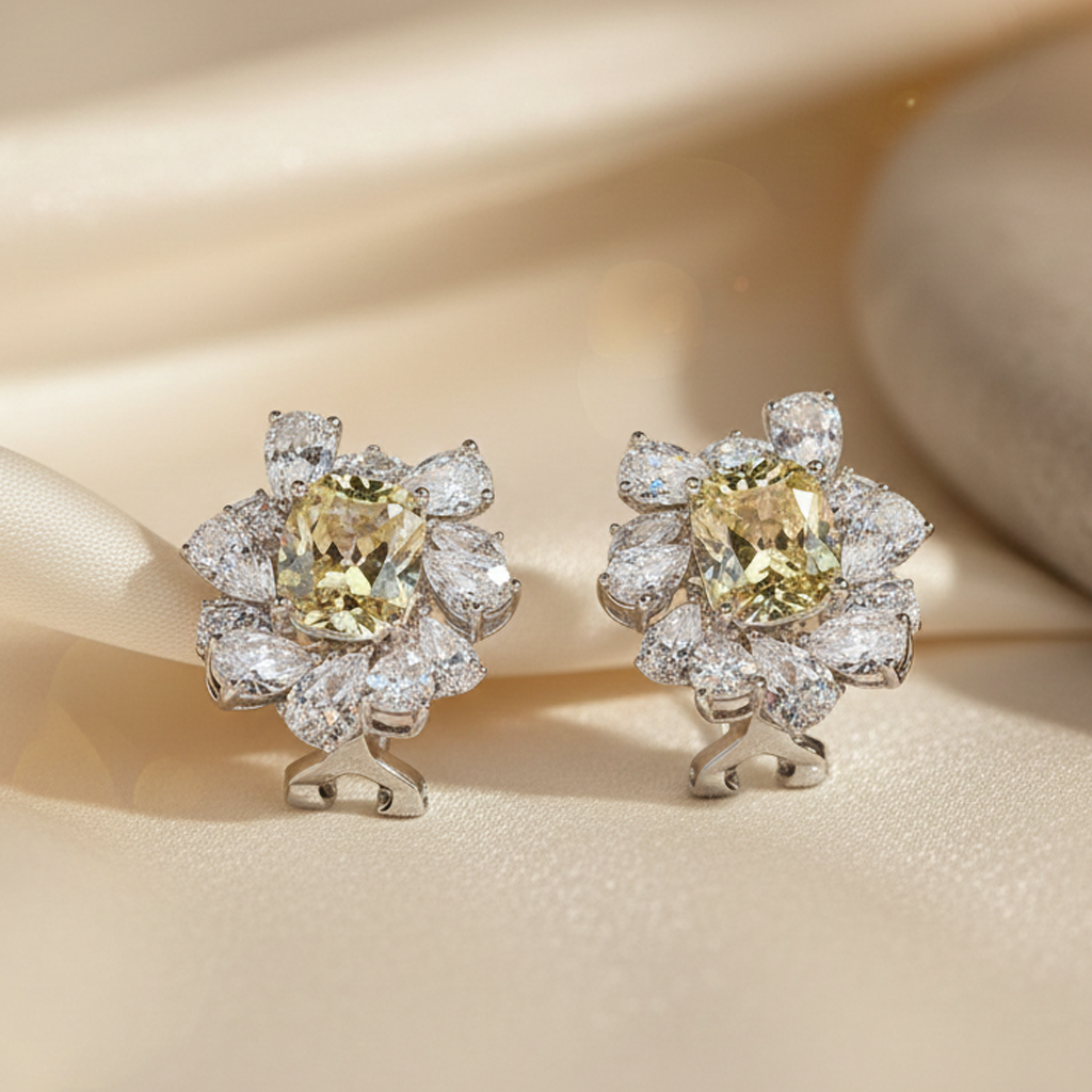 Aanura Red Gemstone Floral Halo Stud Earrings