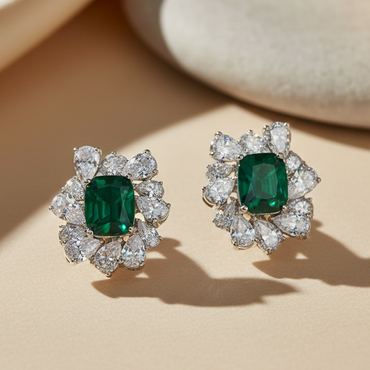 Aanura Red Gemstone Floral Halo Stud Earrings