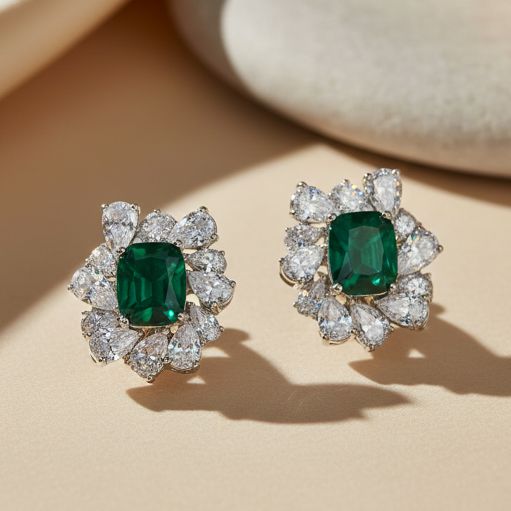 Aanura Red Gemstone Floral Halo Stud Earrings