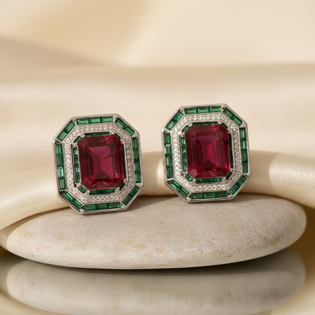 Aanura Ruby & Emerald Octagon Stud Earrings