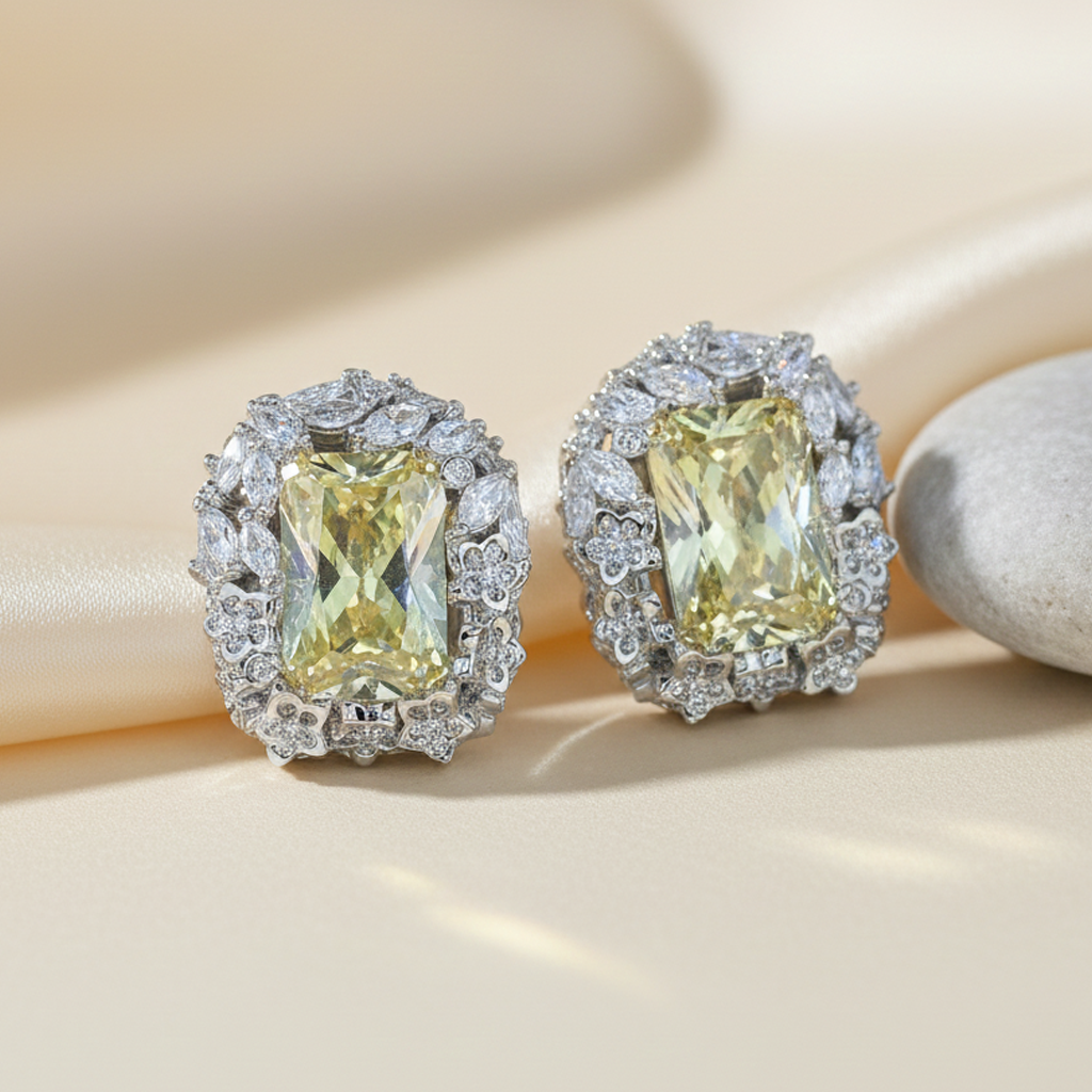 Aanura Yellow Radiant Floral Halo Stud Earrings