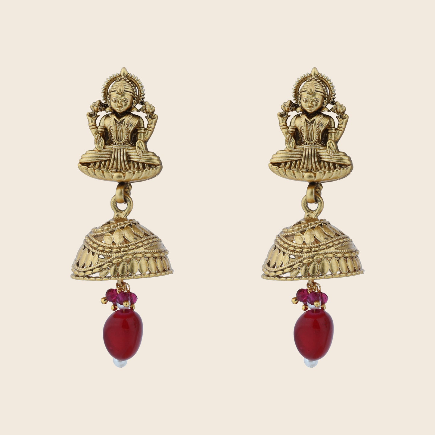 Aanura Temple Earrings with Red Stone Drop