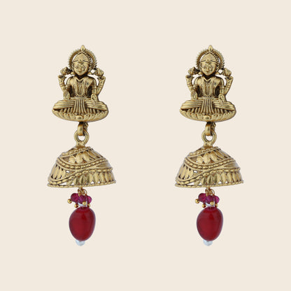 Aanura Temple Earrings with Red Stone Drop