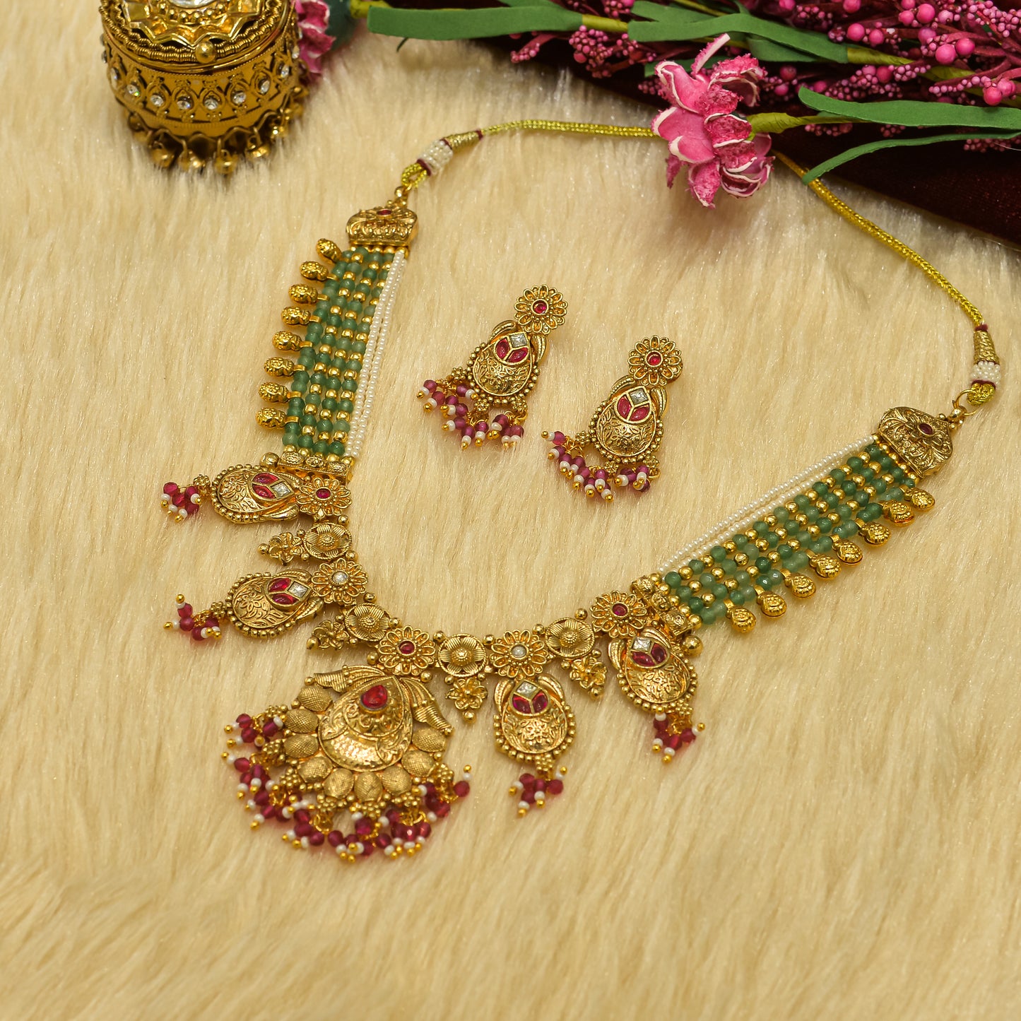 Aanura Temple Bridal Necklace with Ruby & Bead Strands
