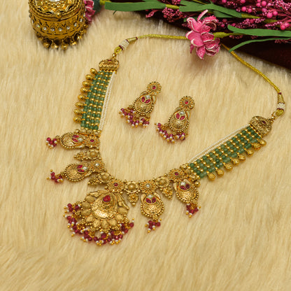 Aanura Temple Bridal Necklace with Ruby & Bead Strands
