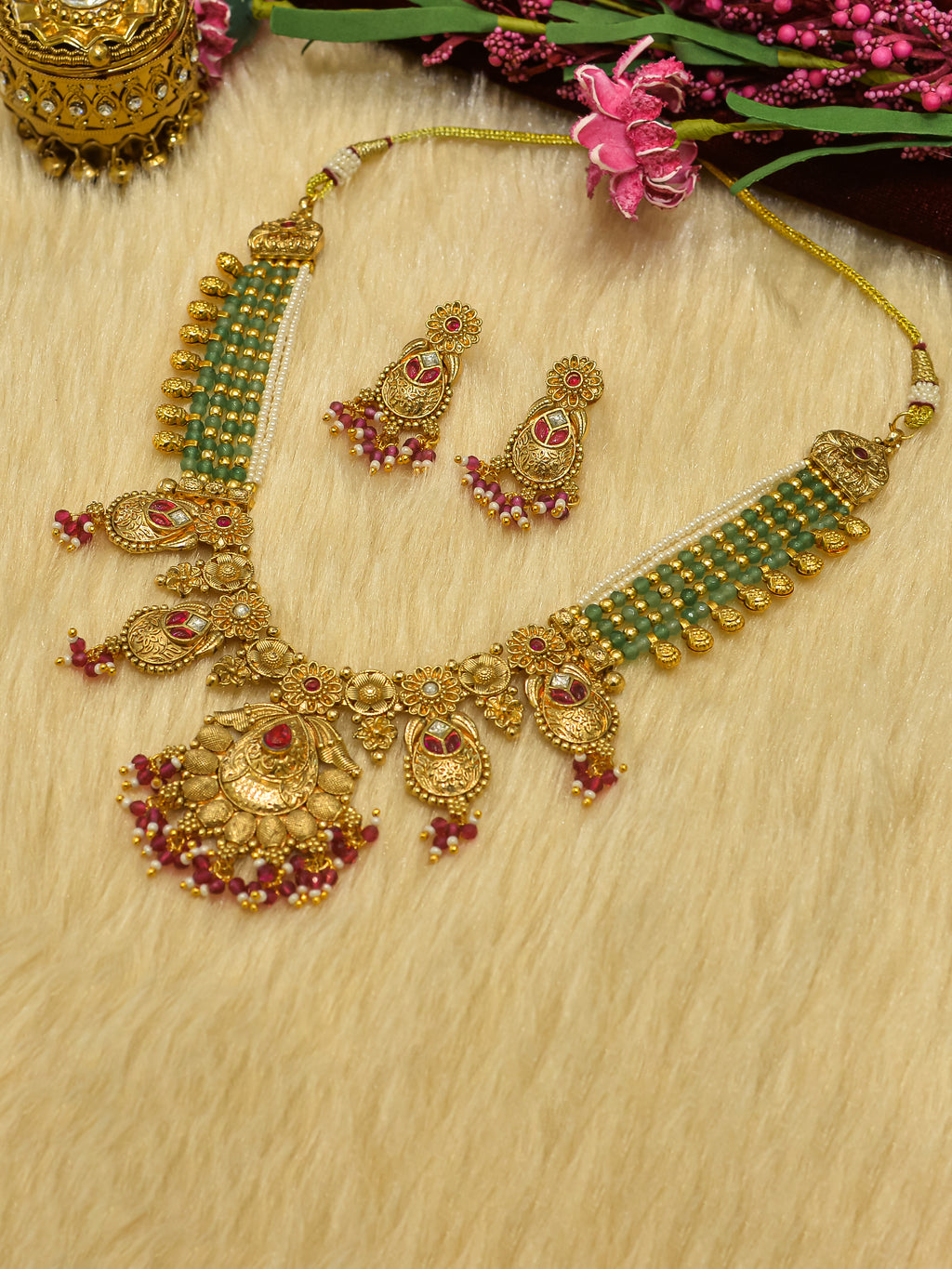 Aanura Temple Bridal Necklace with Ruby & Bead Strands