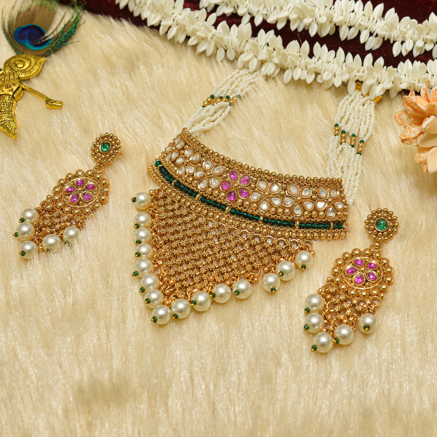 Aanura Pearl Bridal Choker Necklace with Ruby Motifs