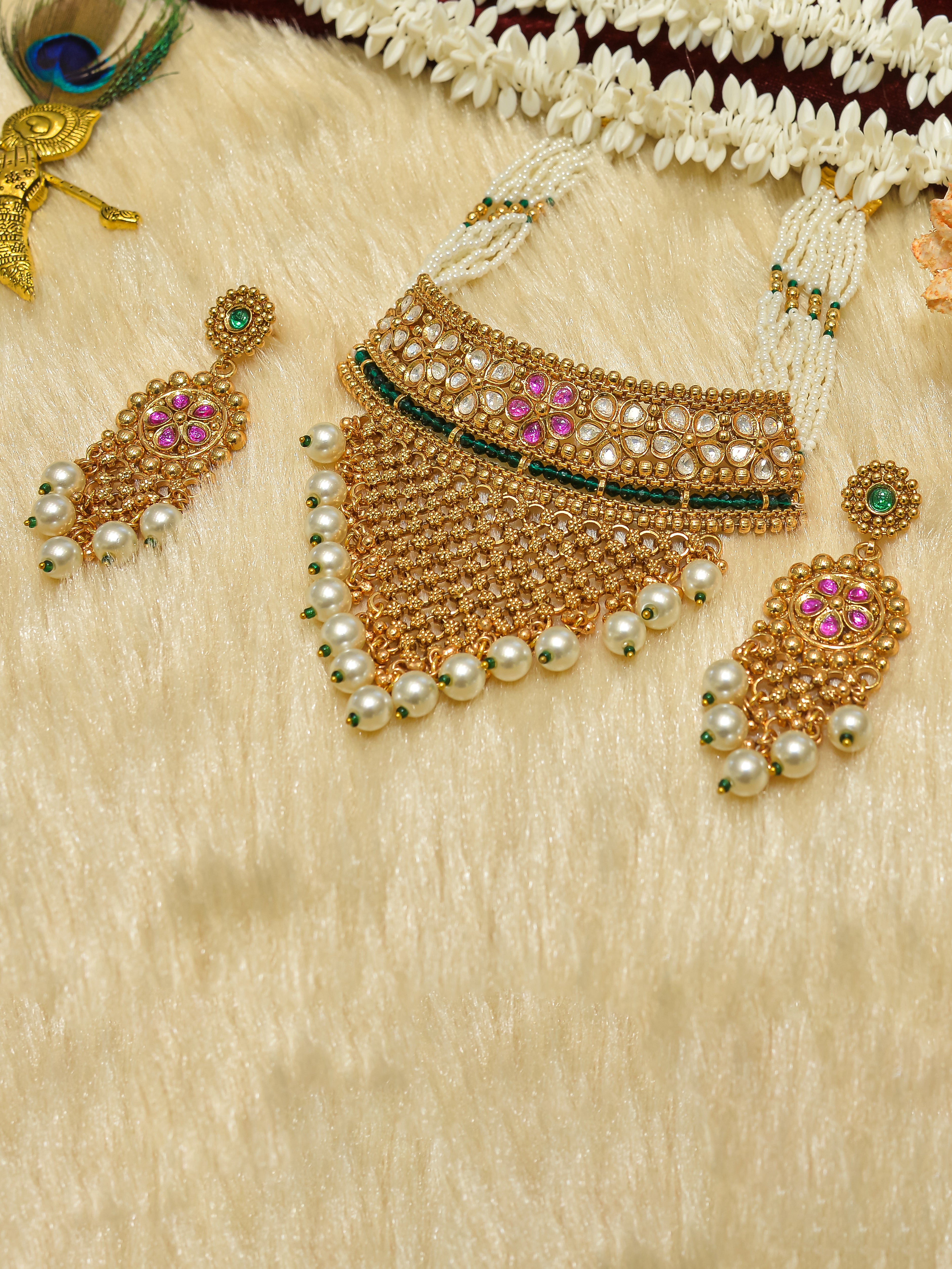Aanura Pearl Bridal Choker Necklace with Ruby Motifs