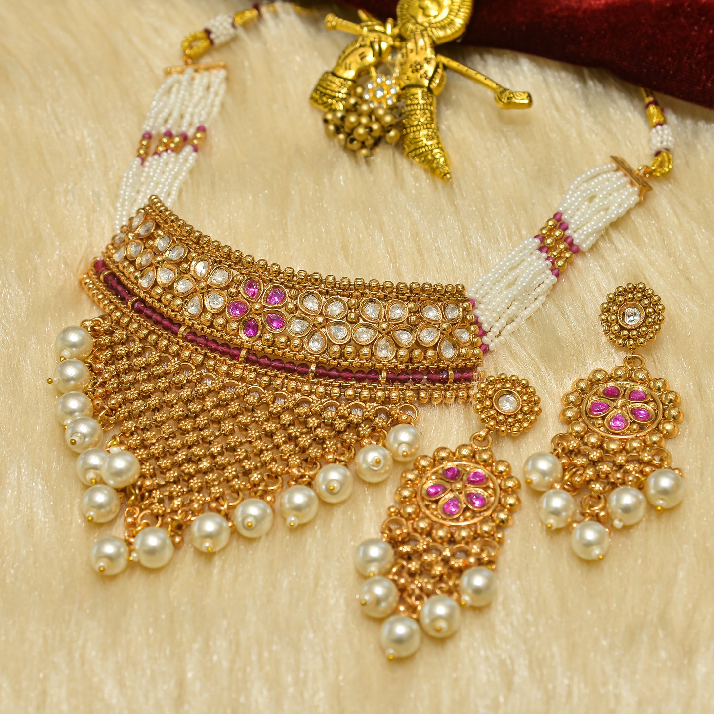 Aanura Pearl Bridal Choker Necklace with Ruby Motifs