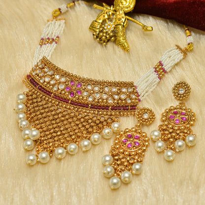 Aanura Pearl Bridal Choker Necklace with Ruby Motifs