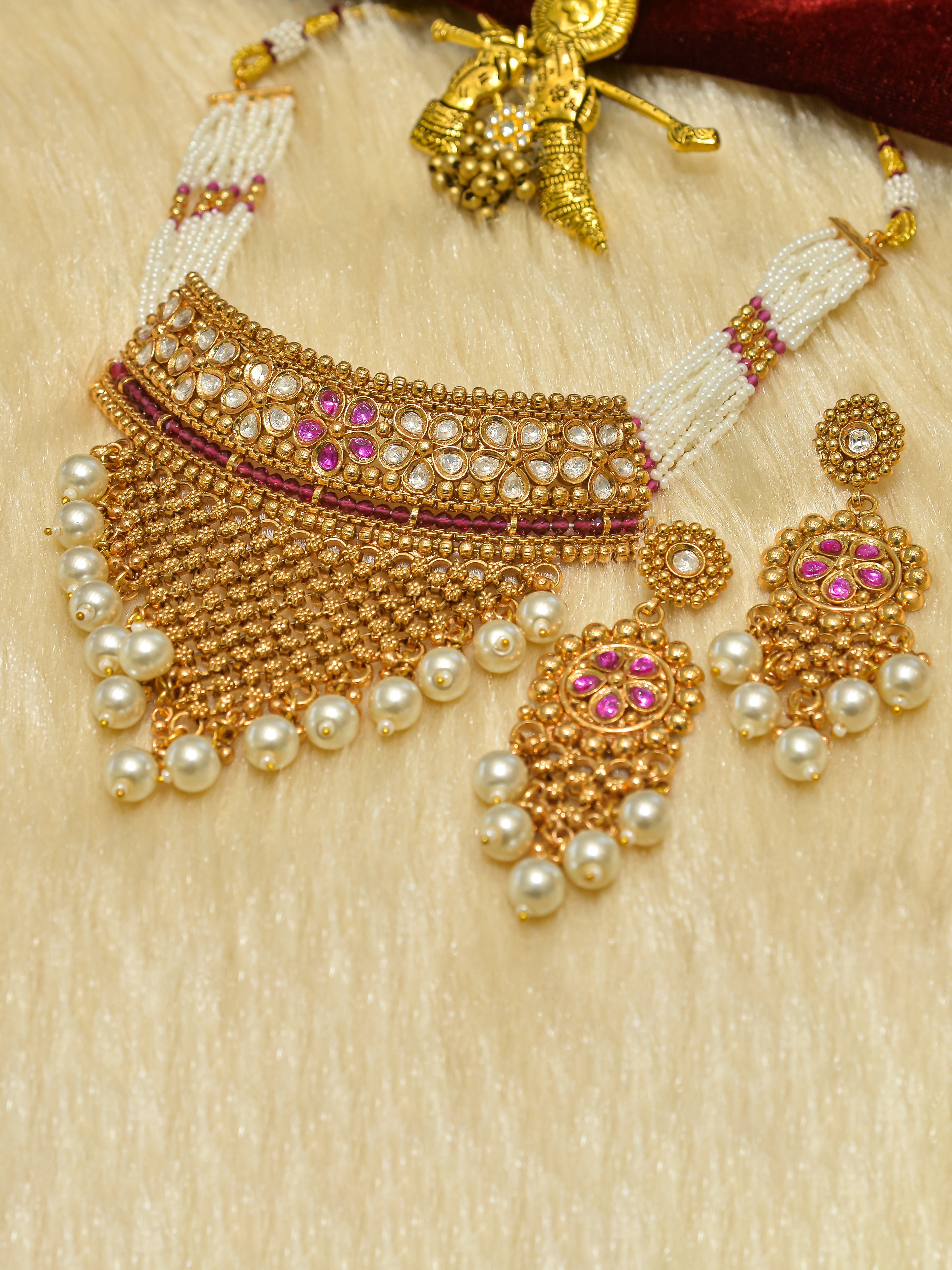 Aanura Pearl Bridal Choker Necklace with Ruby Motifs