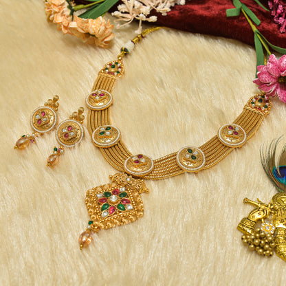 Aanura Antique Long Necklace with Ruby Pendant & Pearls