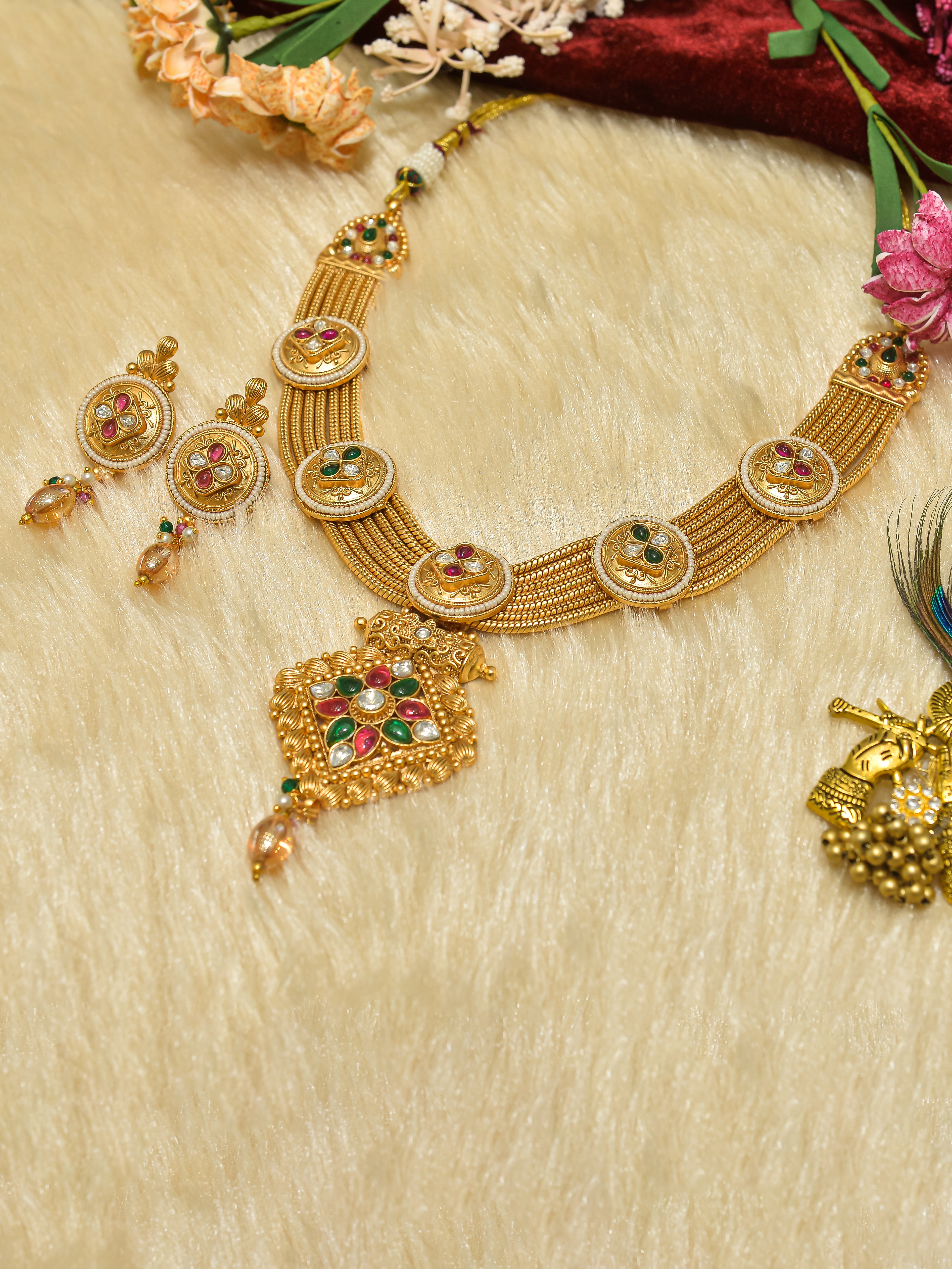 Aanura Antique Long Necklace with Ruby Pendant & Pearls