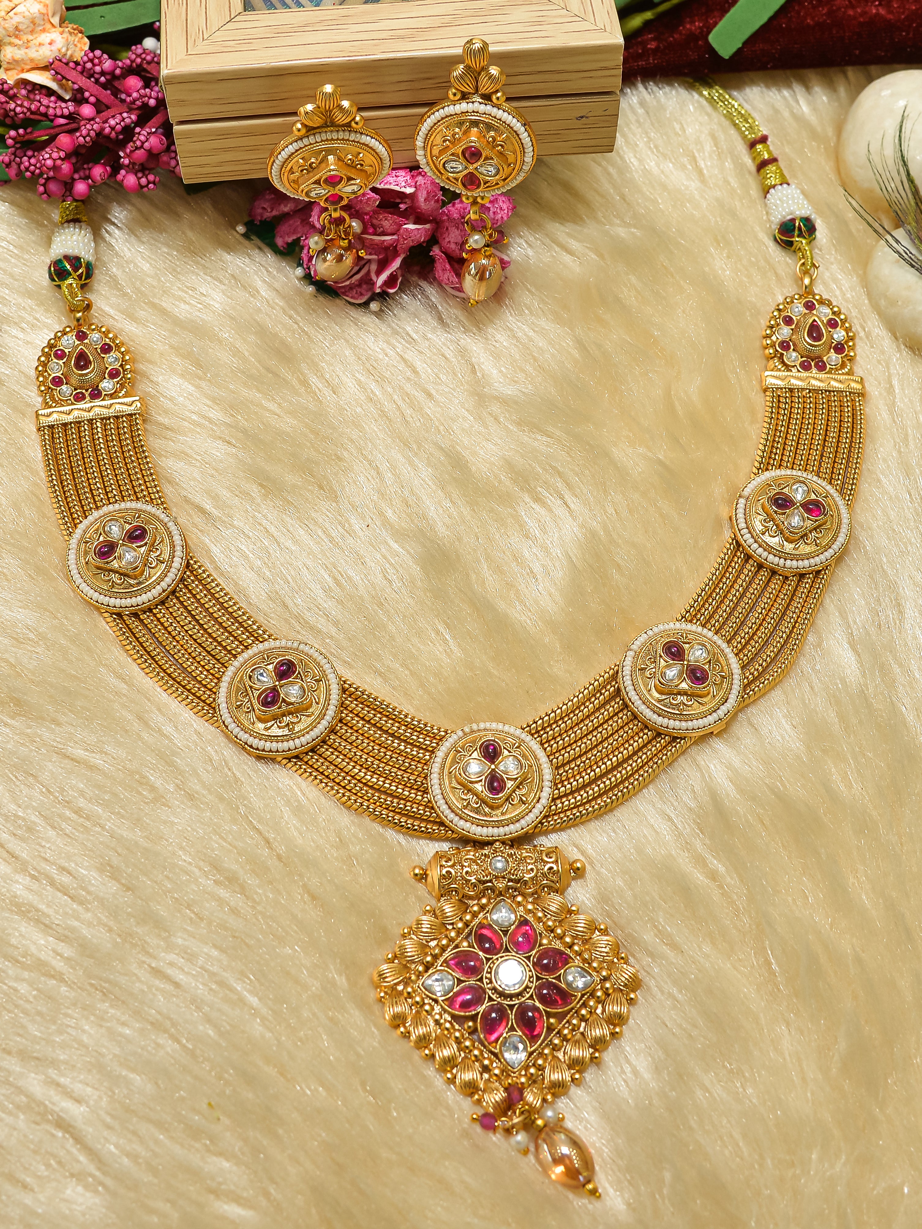 Aanura Antique Long Necklace with Ruby Pendant & Pearls