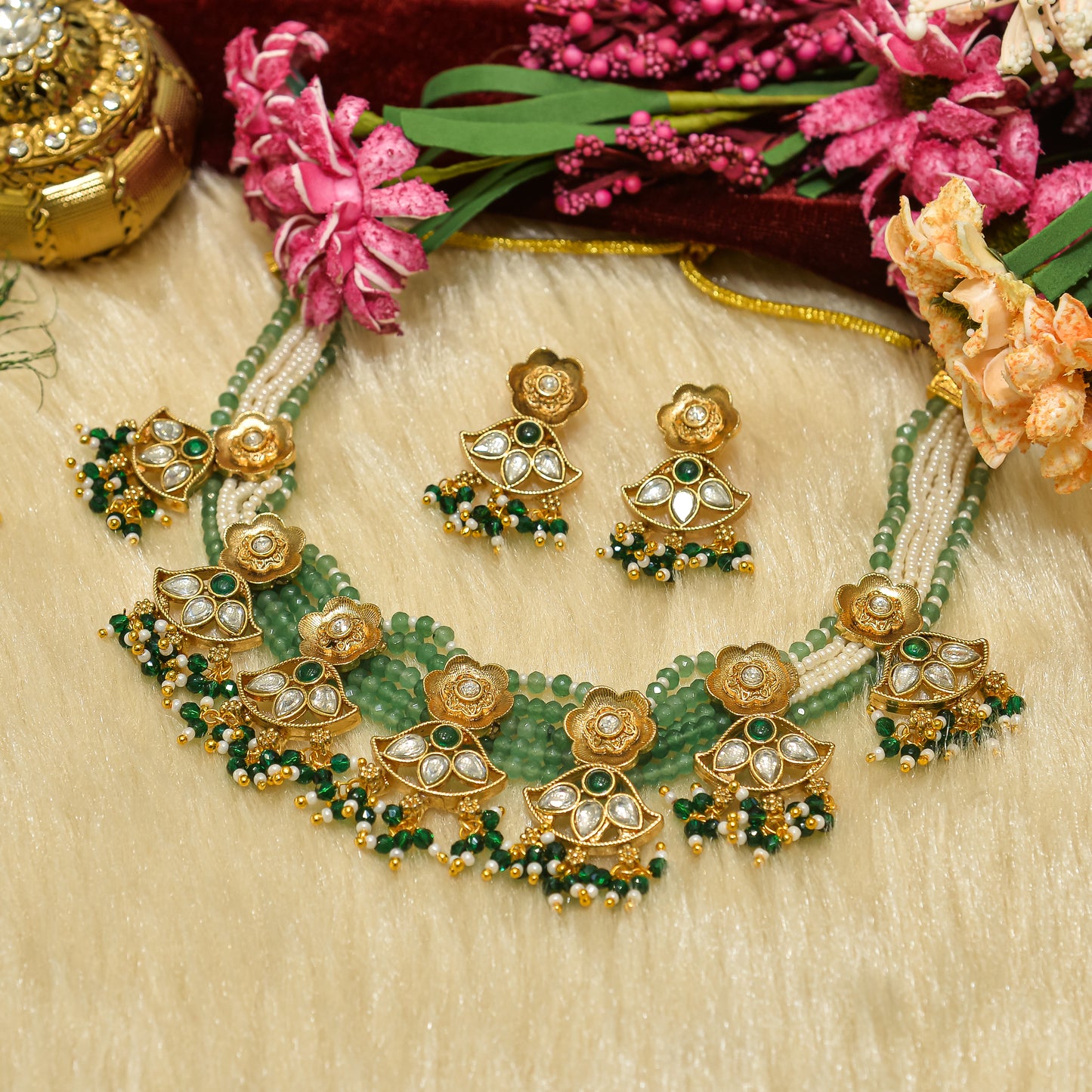 Aanura Floral Kundan Choker Necklace with Beaded Drops