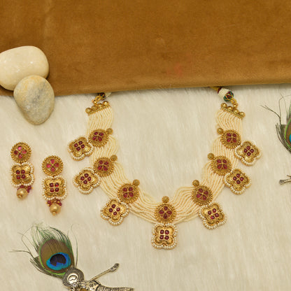 Aanura White Beaded Kundan Choker Necklace with Motifs