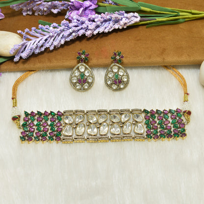 Aanura Emerald Green Kundan Choker Necklace Set