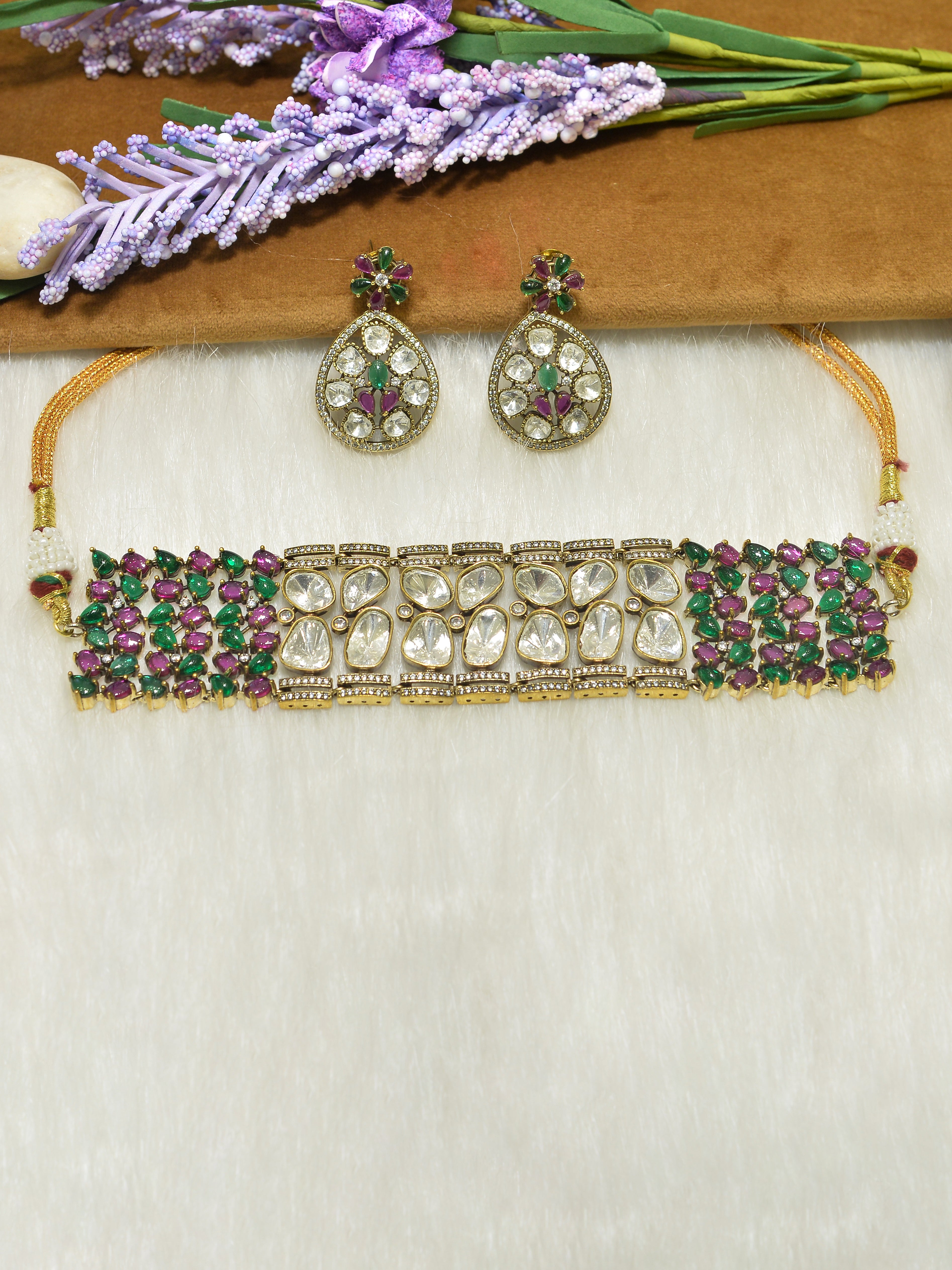 Aanura Emerald Green Kundan Choker Necklace Set