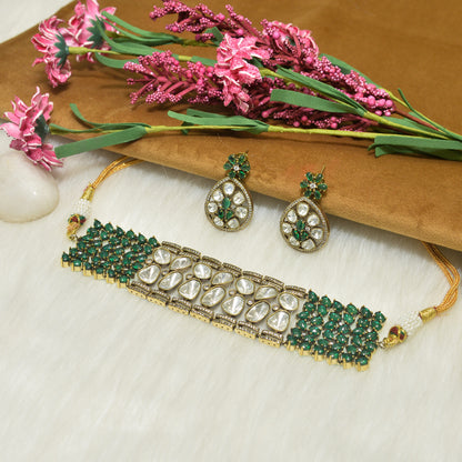 Aanura Emerald Green Kundan Choker Necklace Set