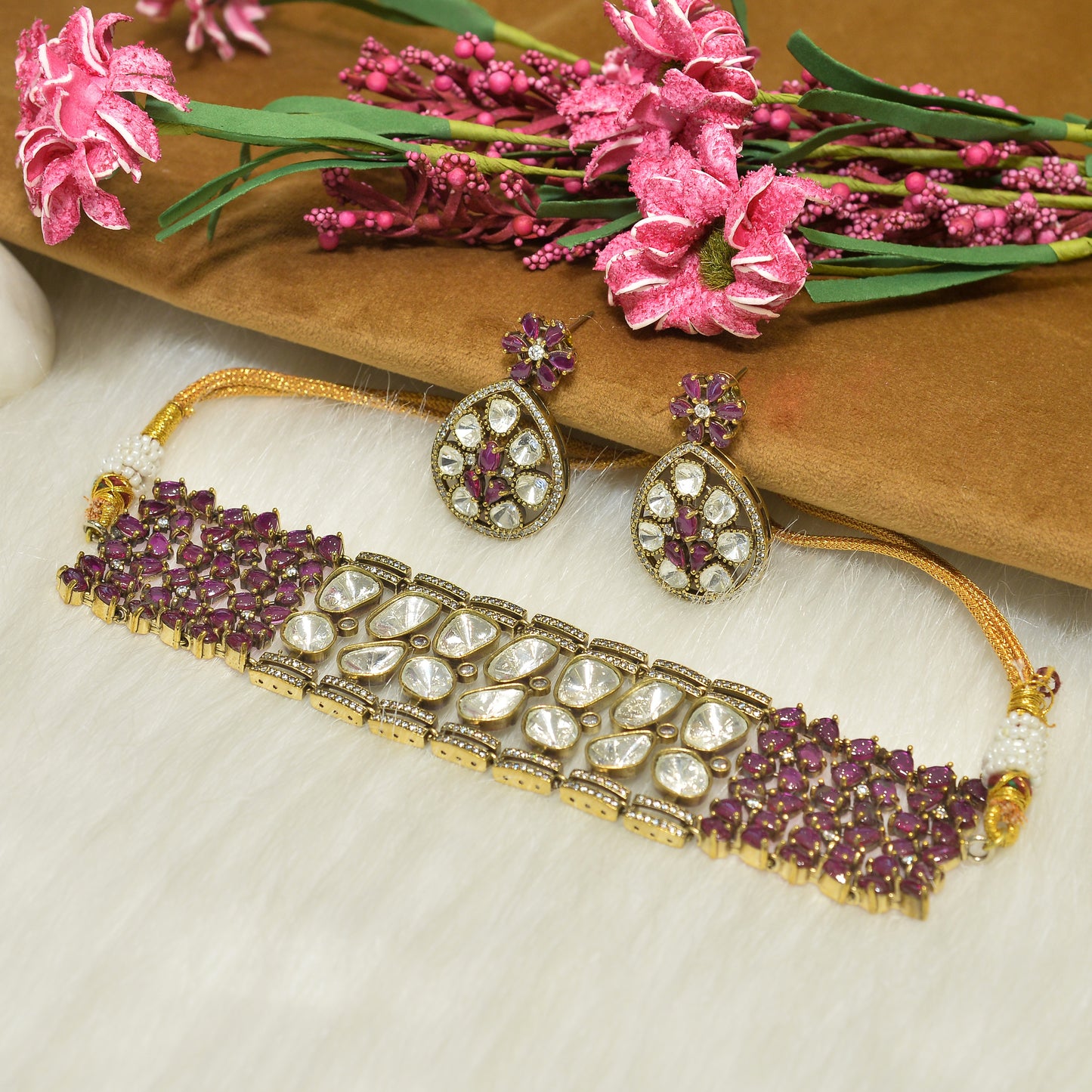 Aanura Emerald Green Kundan Choker Necklace Set