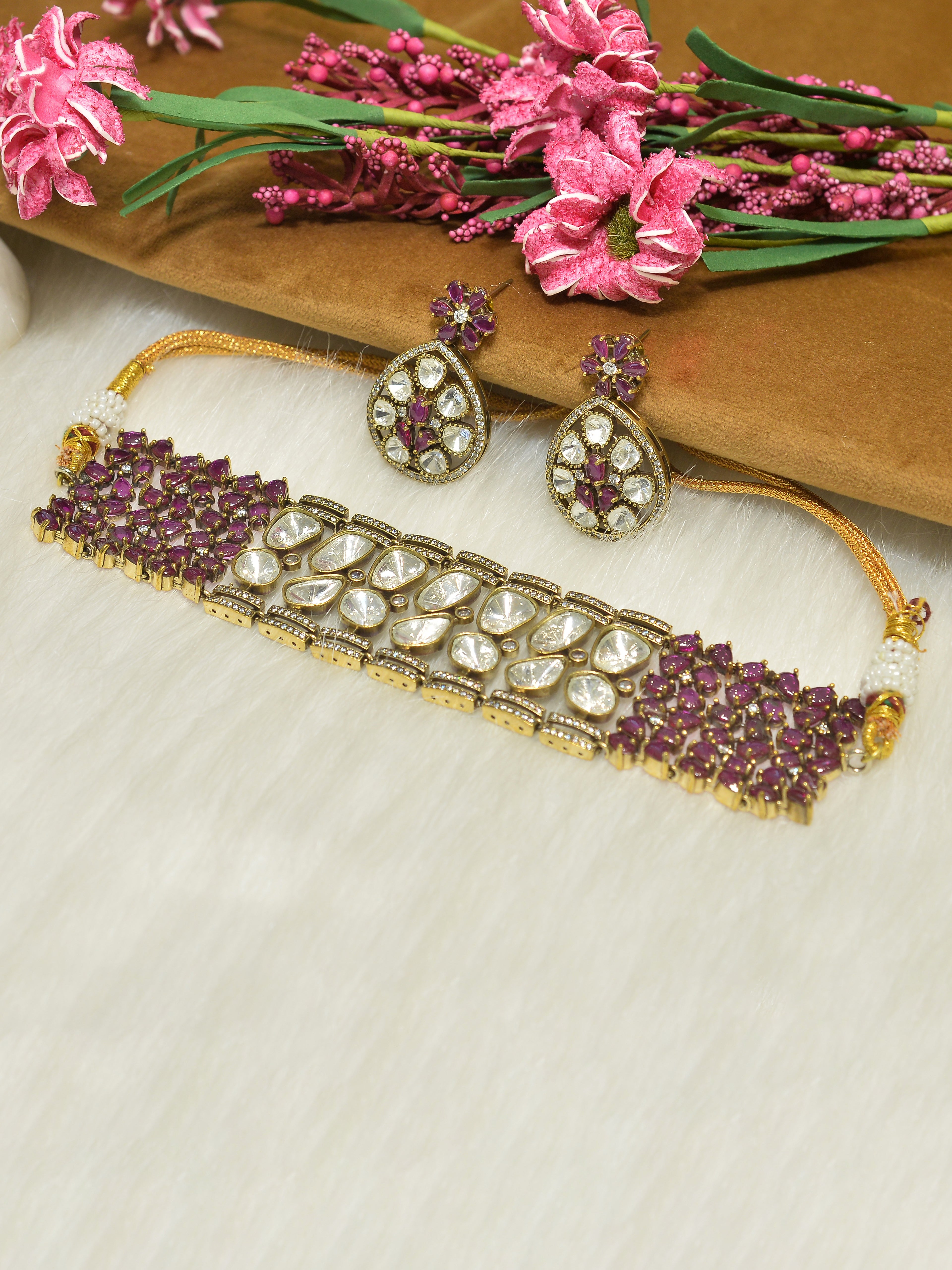 Aanura Emerald Green Kundan Choker Necklace Set