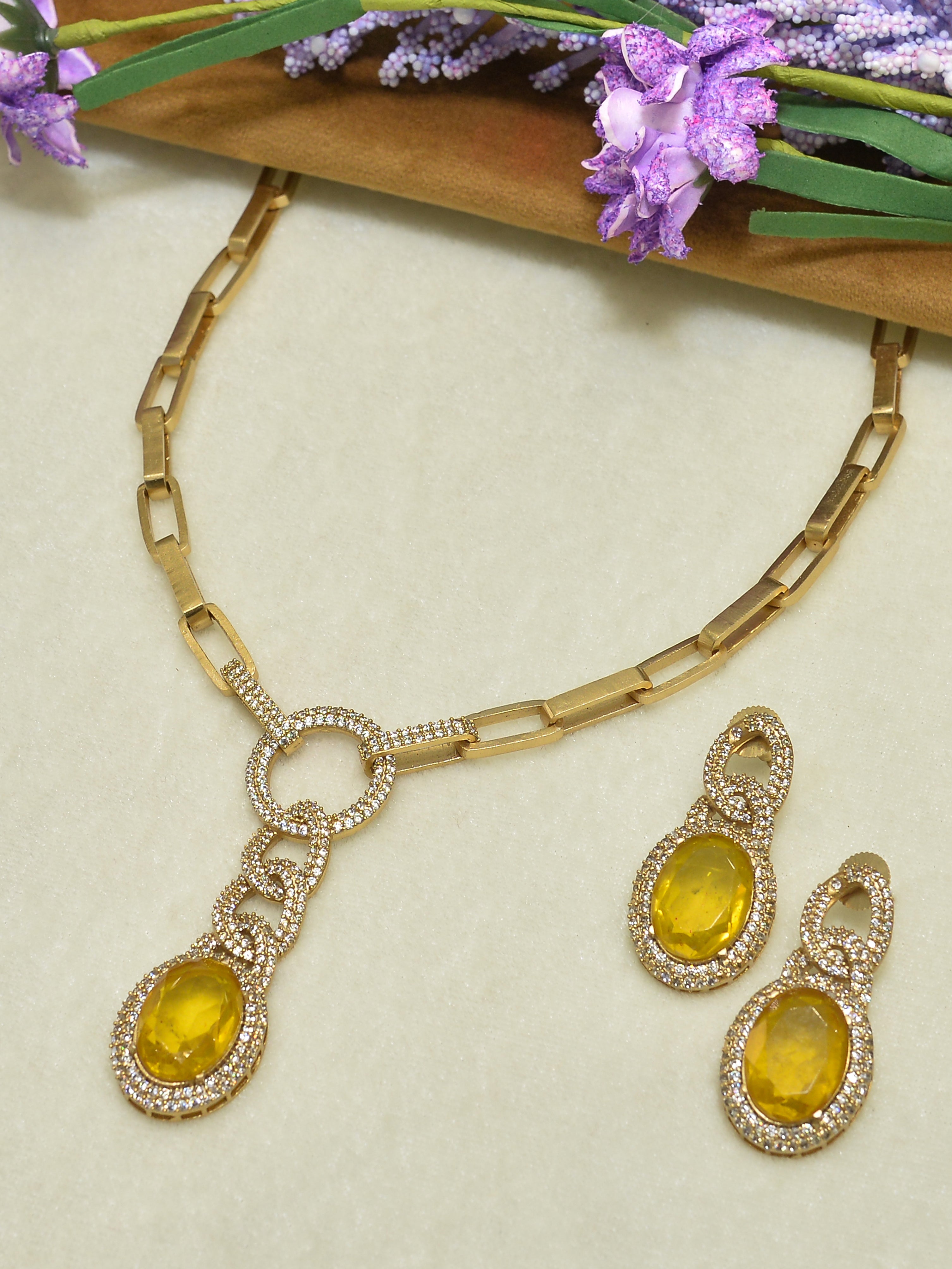 Aanura Red Stone Chain-Link Necklace with Earrings