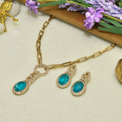 Aanura Red Stone Chain-Link Necklace with Earrings