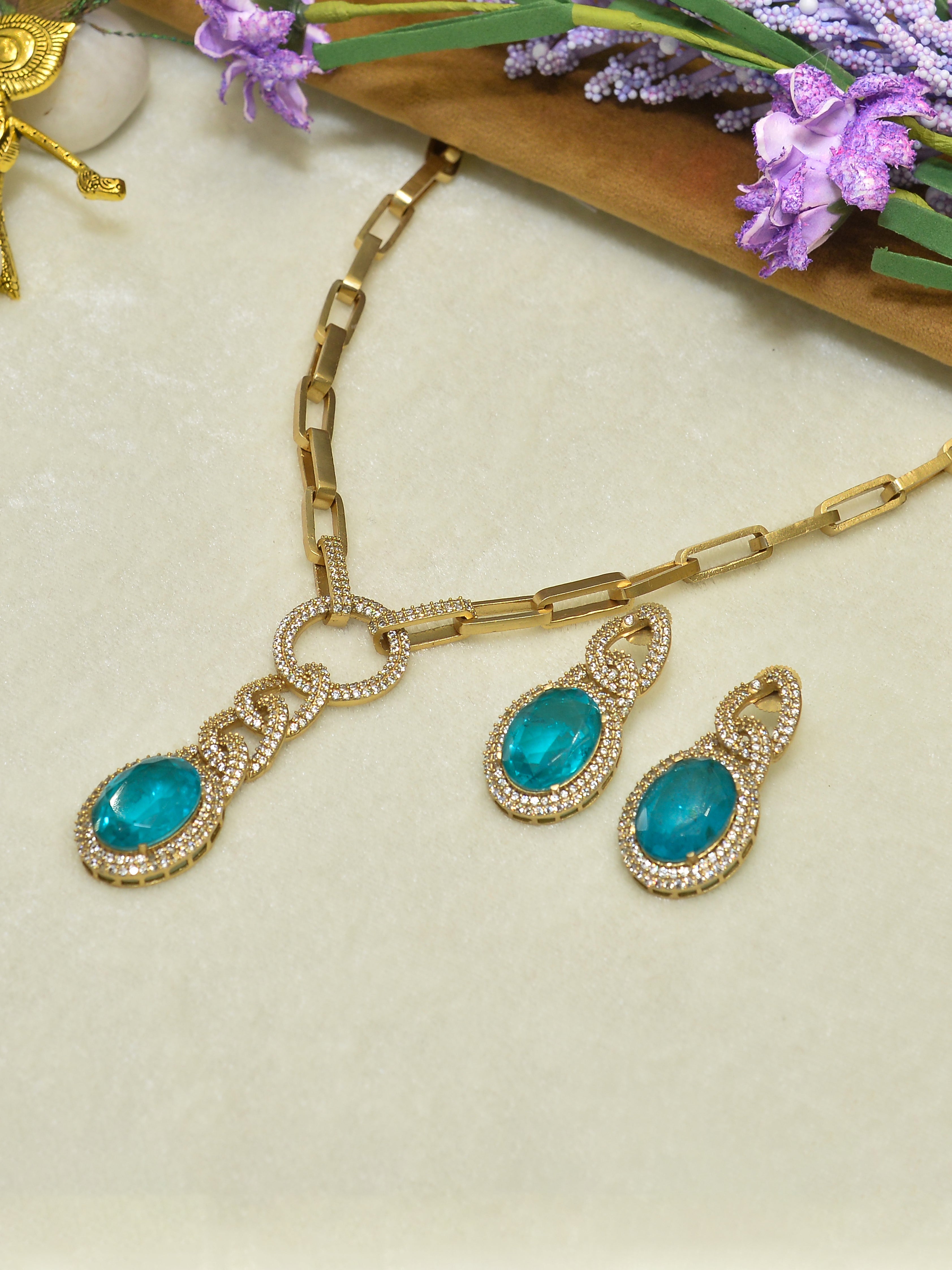 Aanura Red Stone Chain-Link Necklace with Earrings