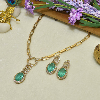 Aanura Red Stone Chain-Link Necklace with Earrings