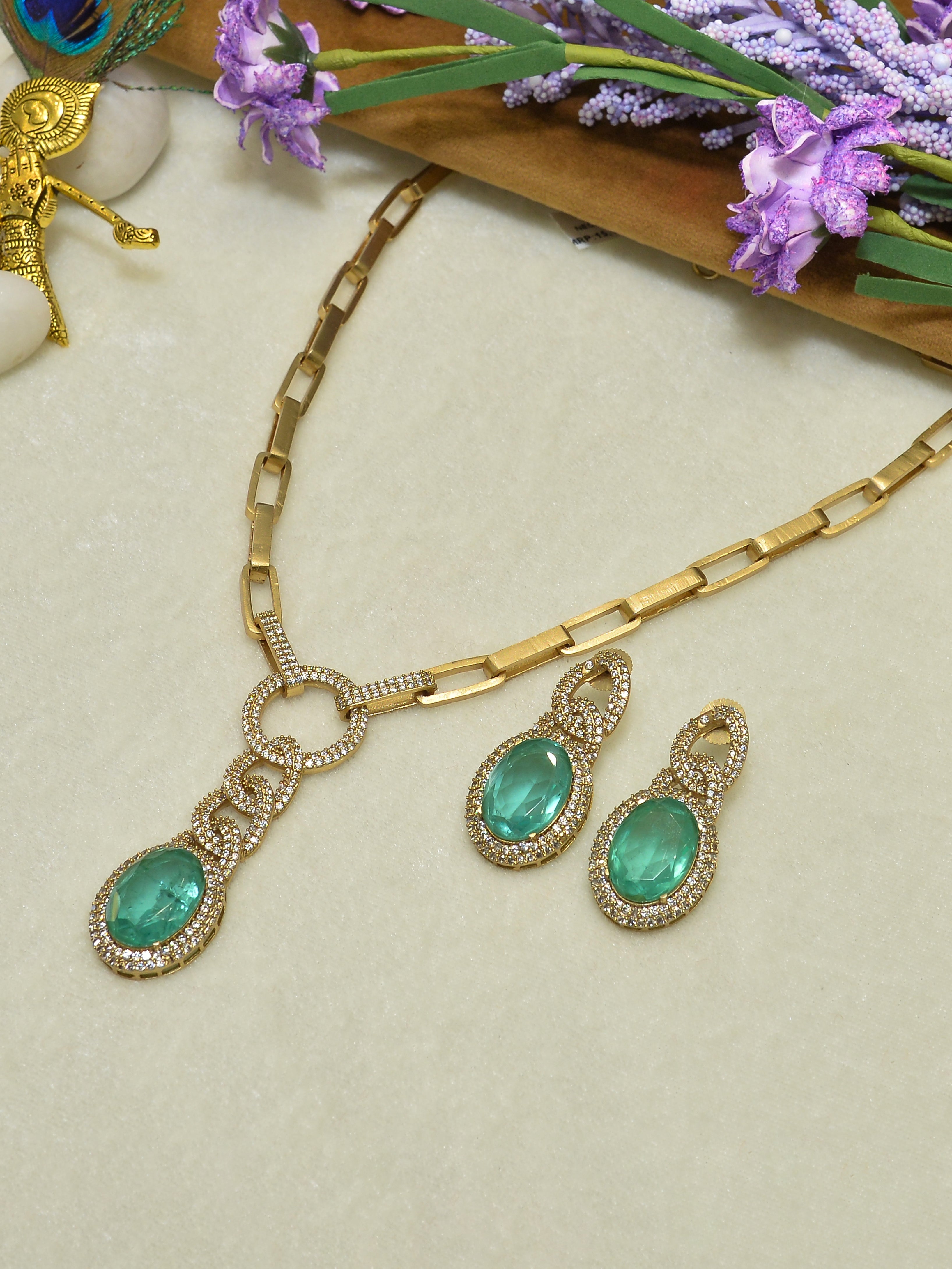 Aanura Red Stone Chain-Link Necklace with Earrings