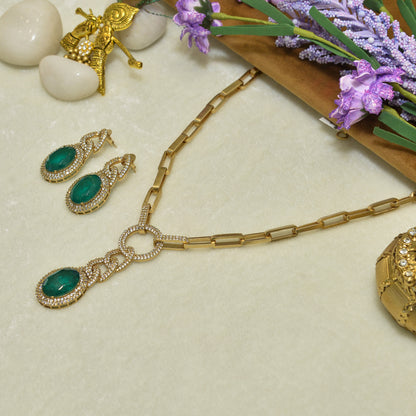 Aanura Red Stone Chain-Link Necklace with Earrings