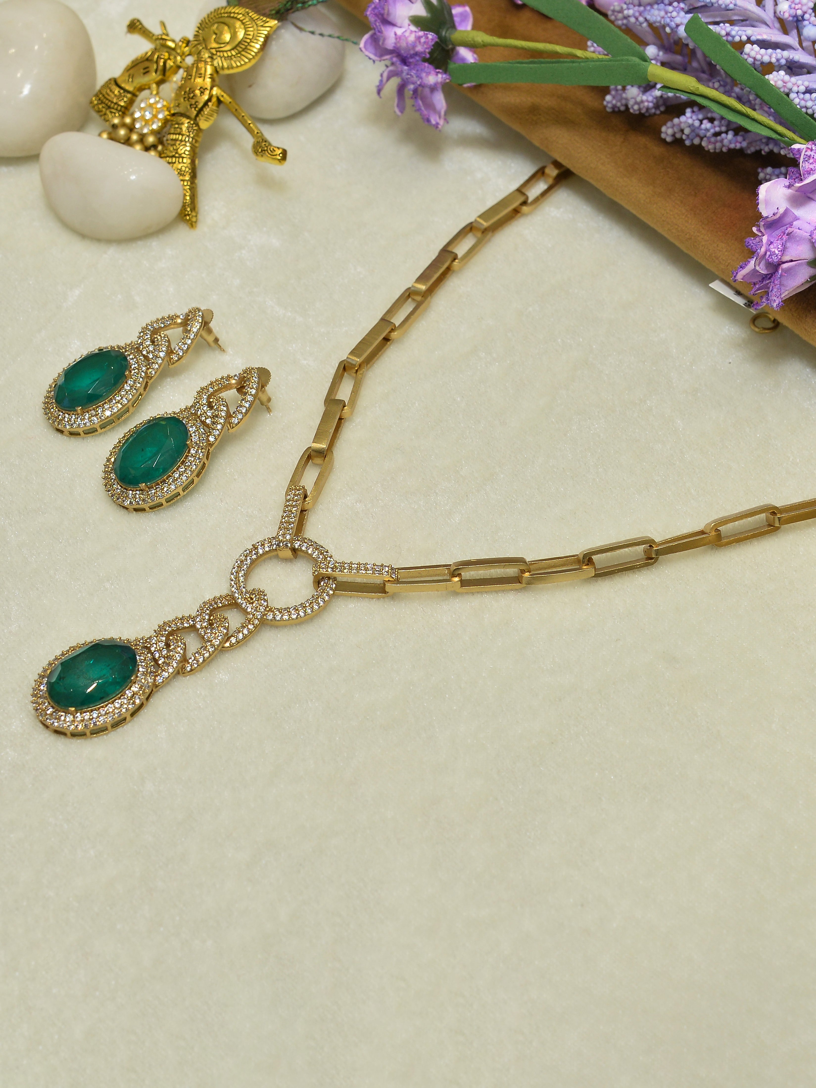 Aanura Red Stone Chain-Link Necklace with Earrings