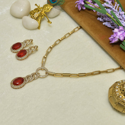 Aanura Red Stone Chain-Link Necklace with Earrings