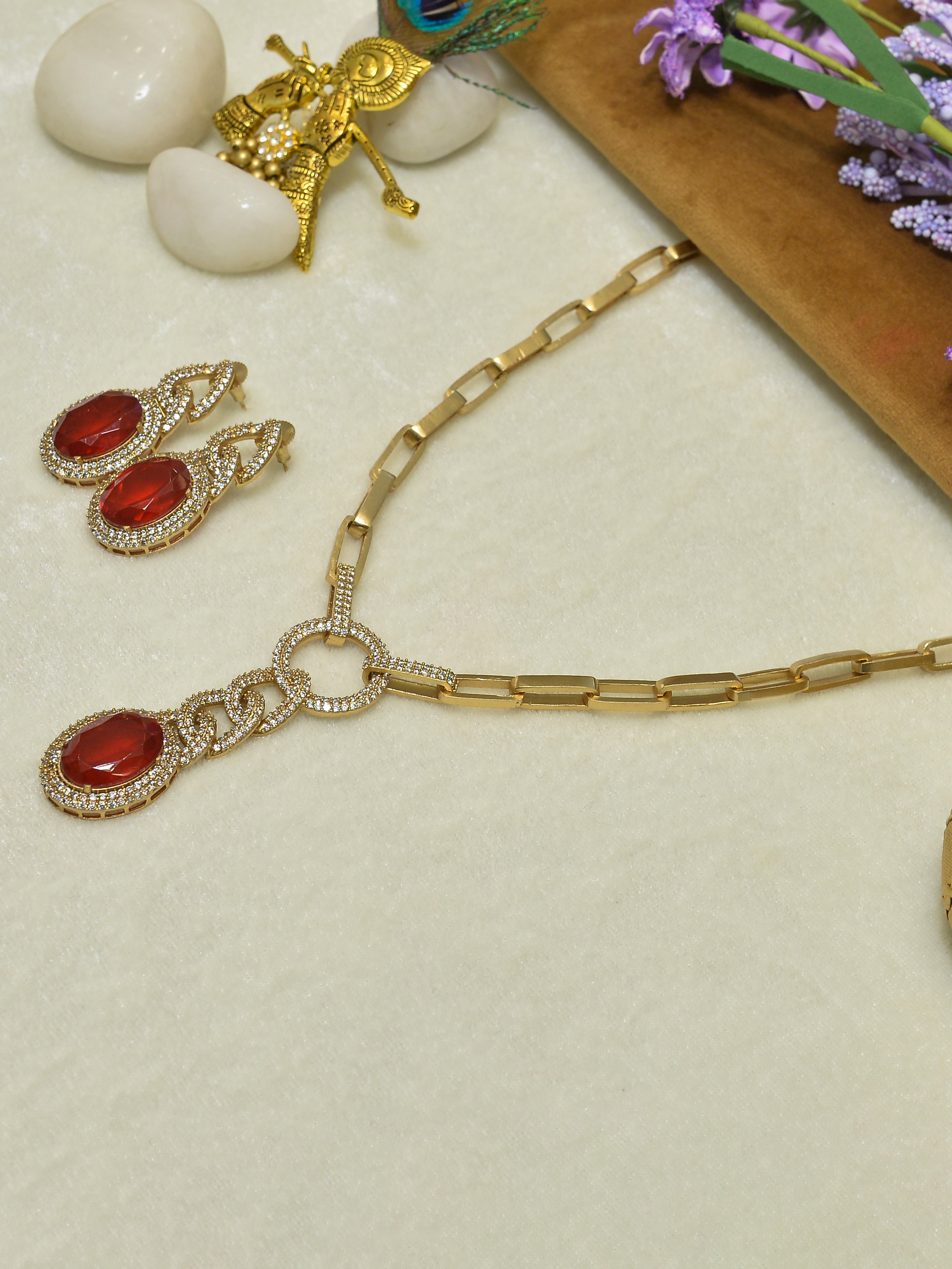 Aanura Red Stone Chain-Link Necklace with Earrings
