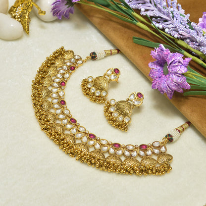 Aanura Antique Gold Kundan Choker Necklace Set