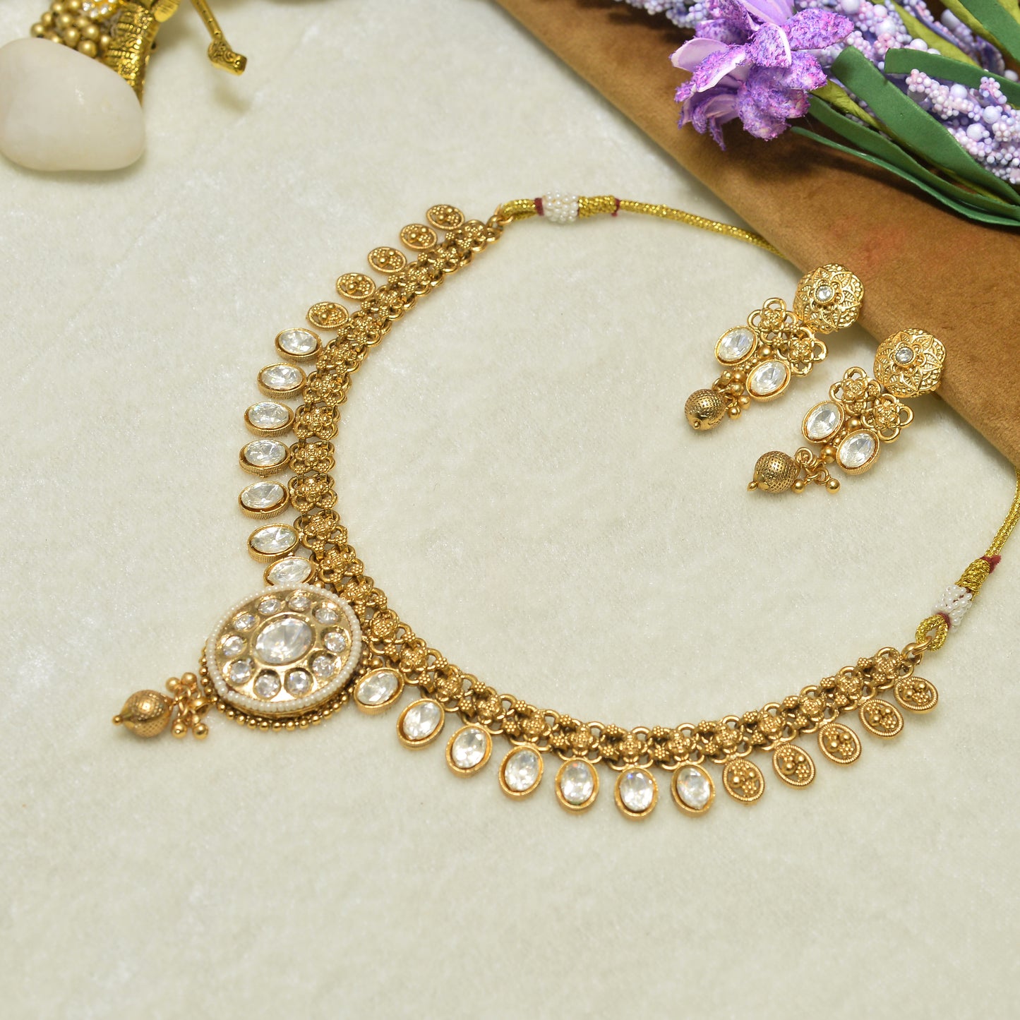 Aanura Ruby Beaded Kundan Necklace with Earrings