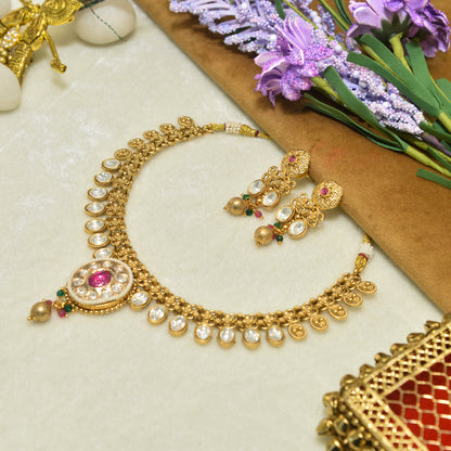 Aanura Ruby Beaded Kundan Necklace with Earrings