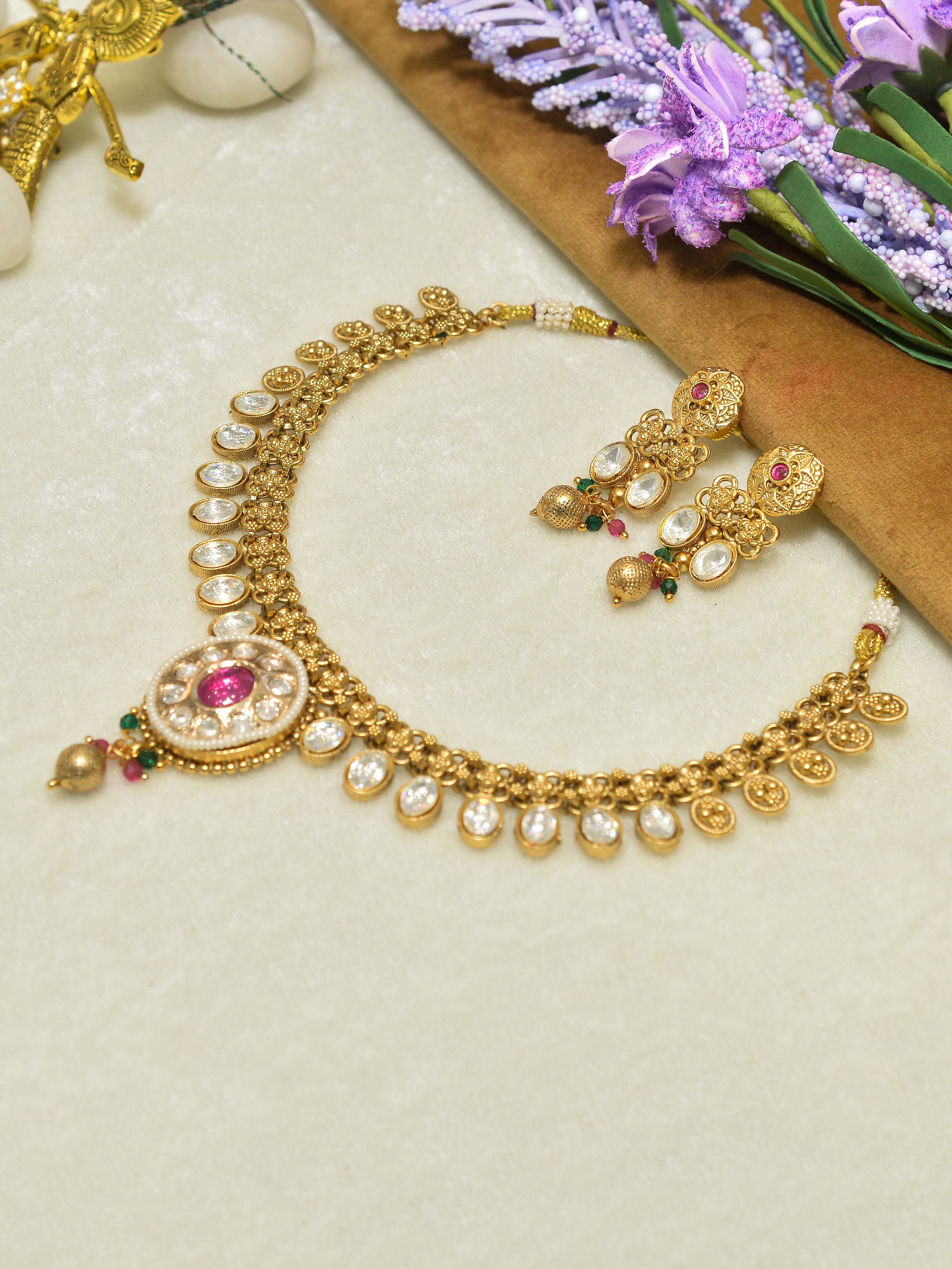 Aanura Ruby Beaded Kundan Necklace with Earrings