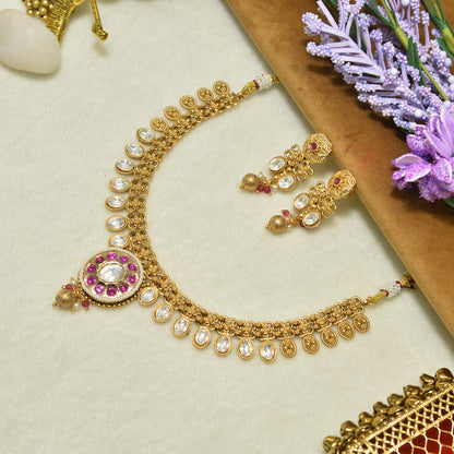 Aanura Ruby Beaded Kundan Necklace with Earrings