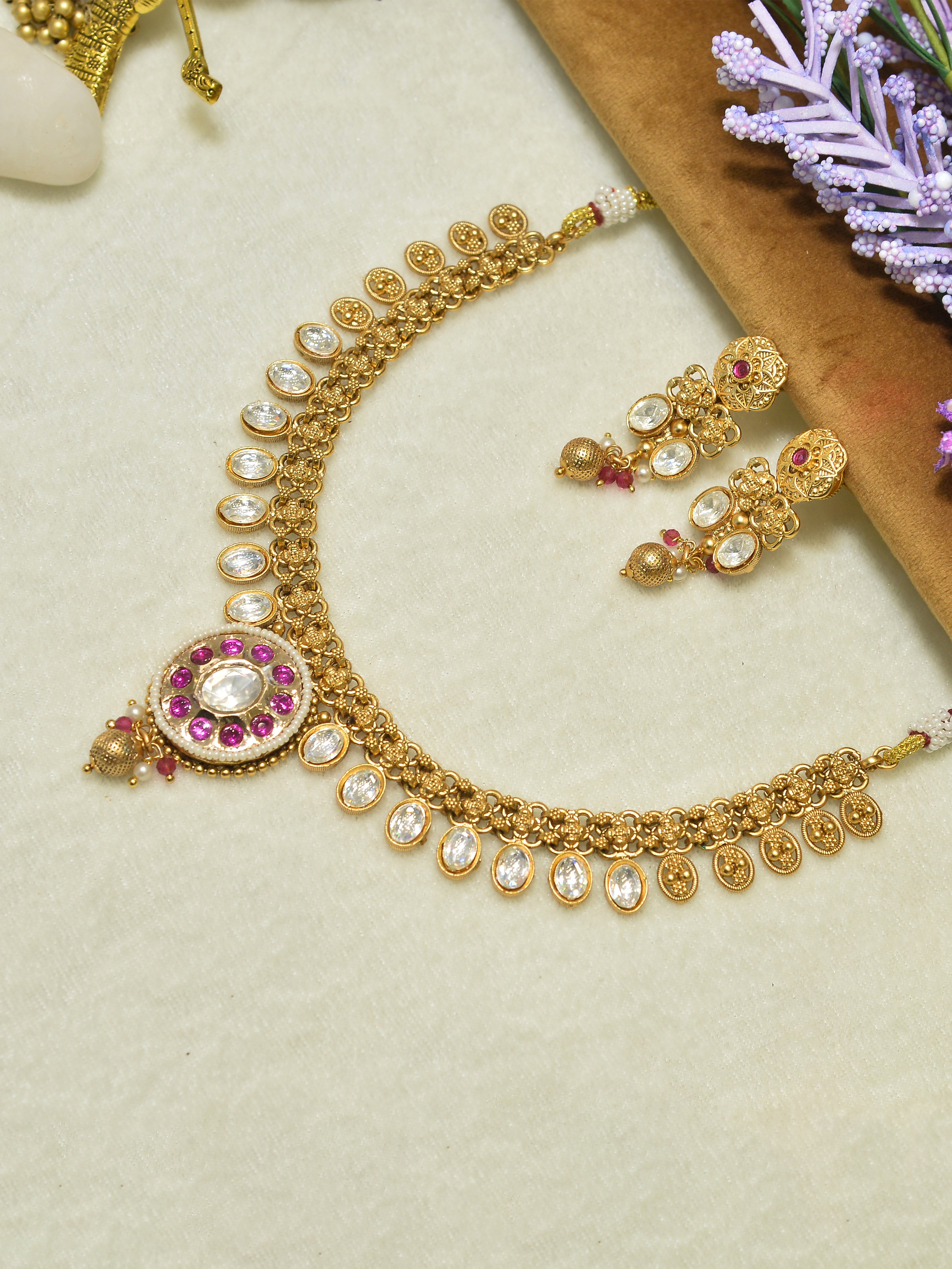 Aanura Ruby Beaded Kundan Necklace with Earrings