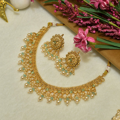 Aanura Gold-Plated Pearl & Green Stone Choker Set