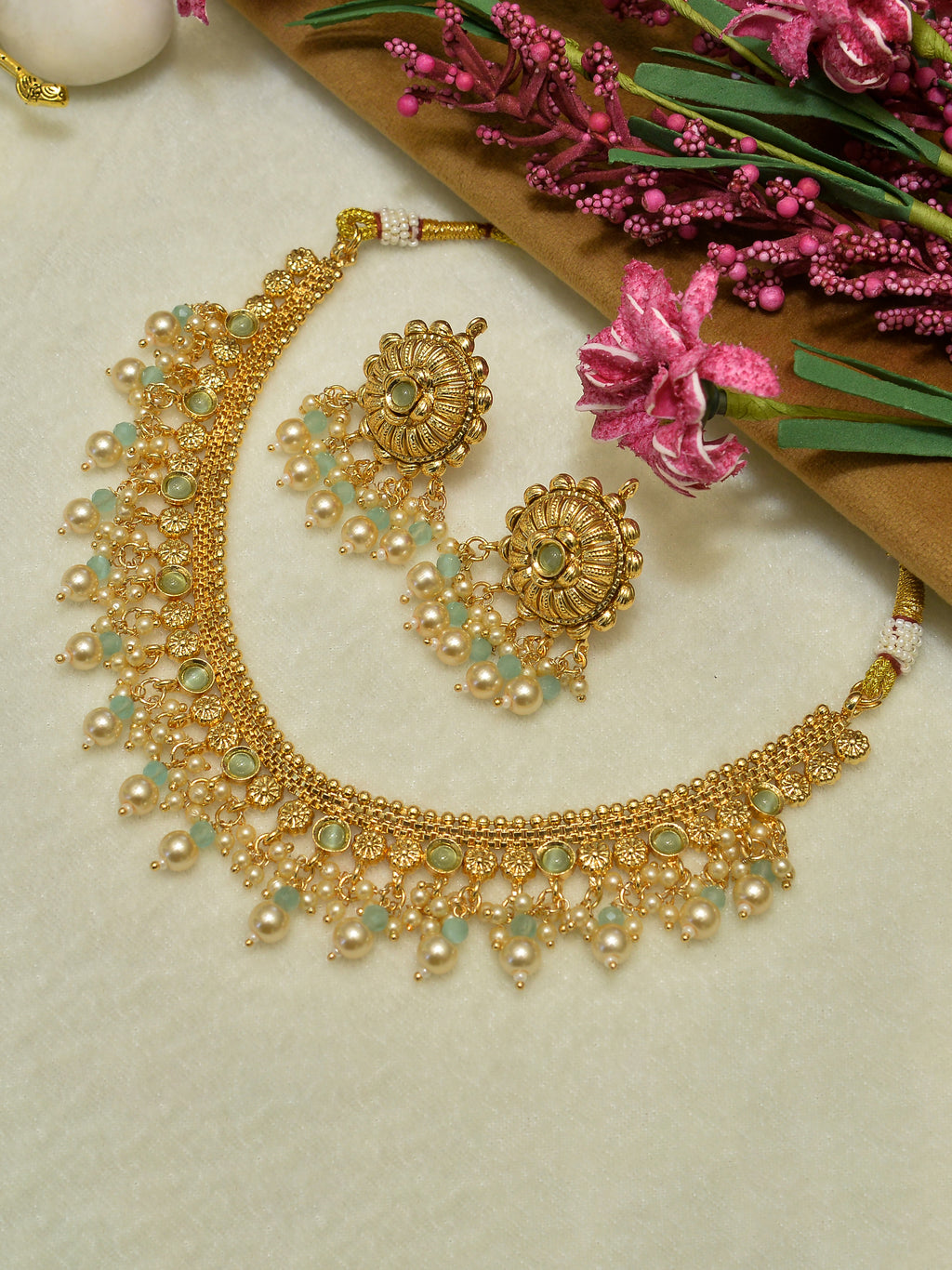 Aanura Gold-Plated Pearl & Green Stone Choker Set