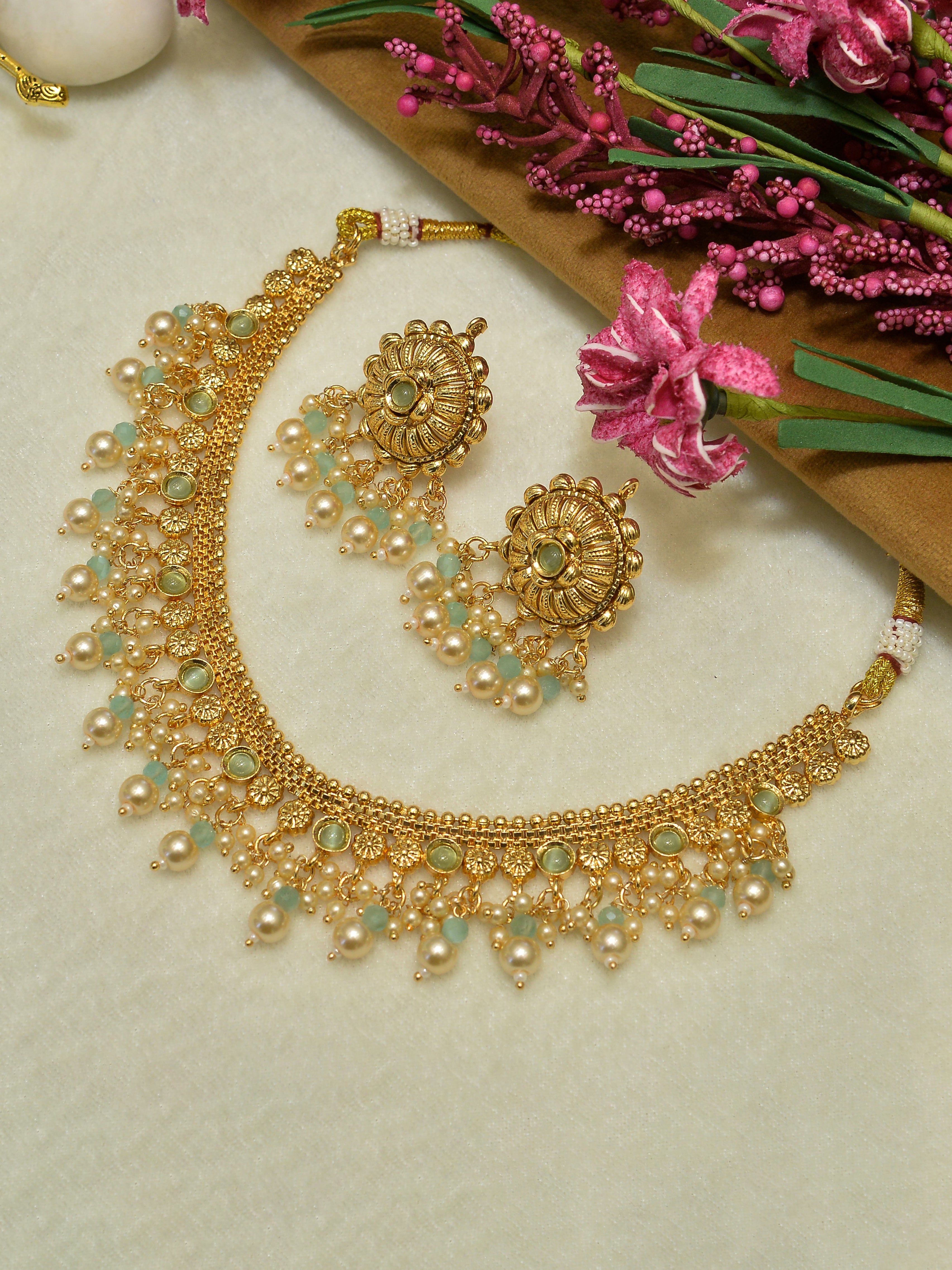 Aanura Gold-Plated Pearl & Green Stone Choker Set