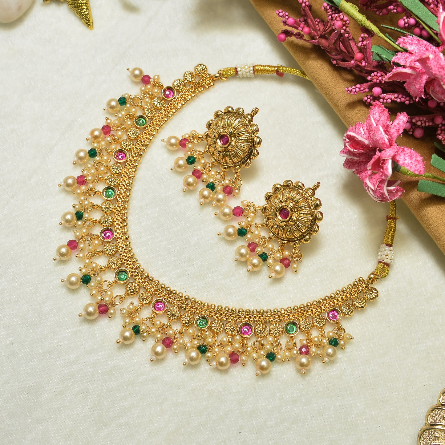 Aanura Gold-Plated Pearl & Green Stone Choker Set