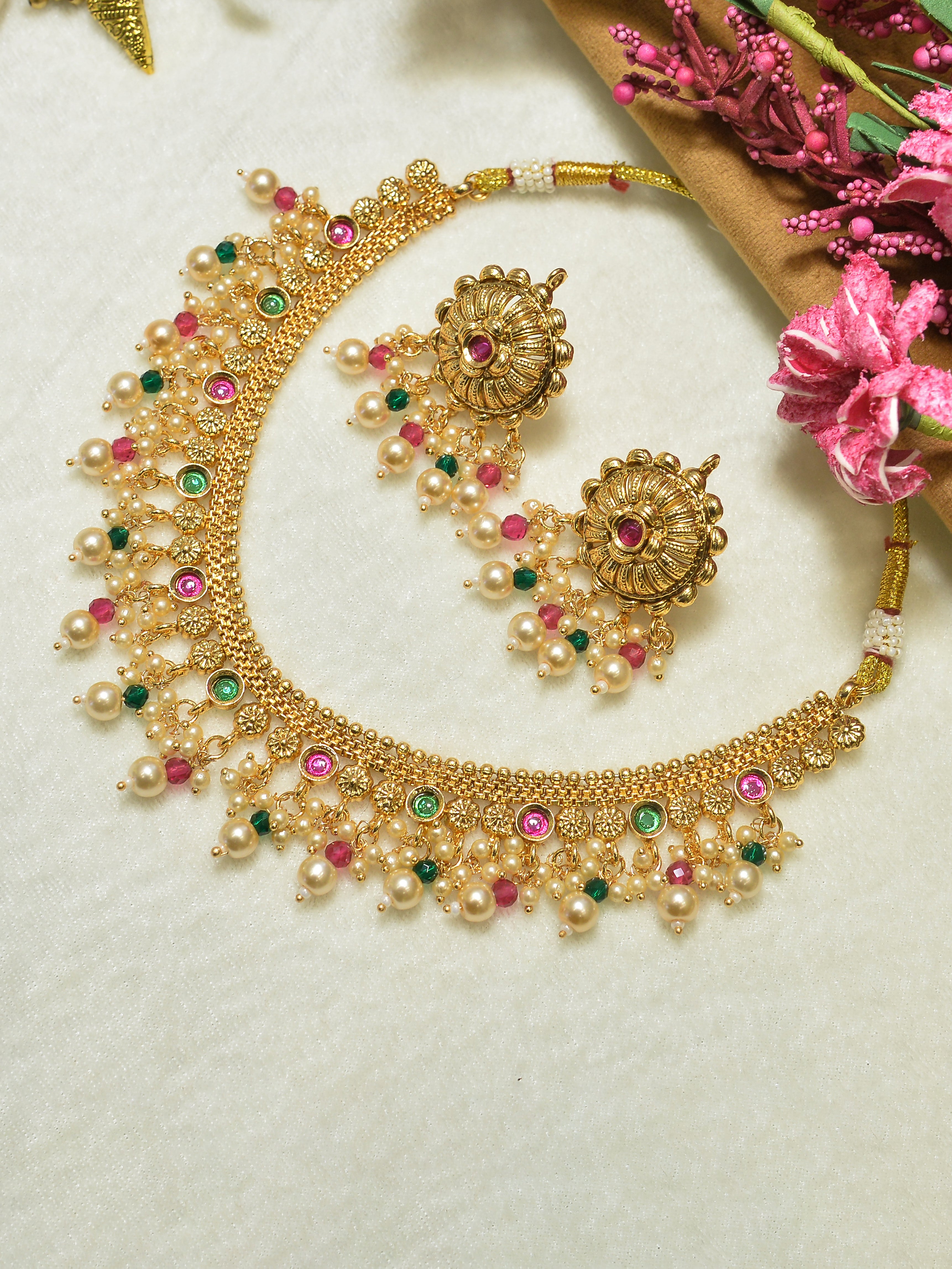 Aanura Gold-Plated Pearl & Green Stone Choker Set